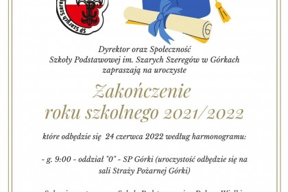Harmonogram zakończenia roku szkolnego 2021/2022